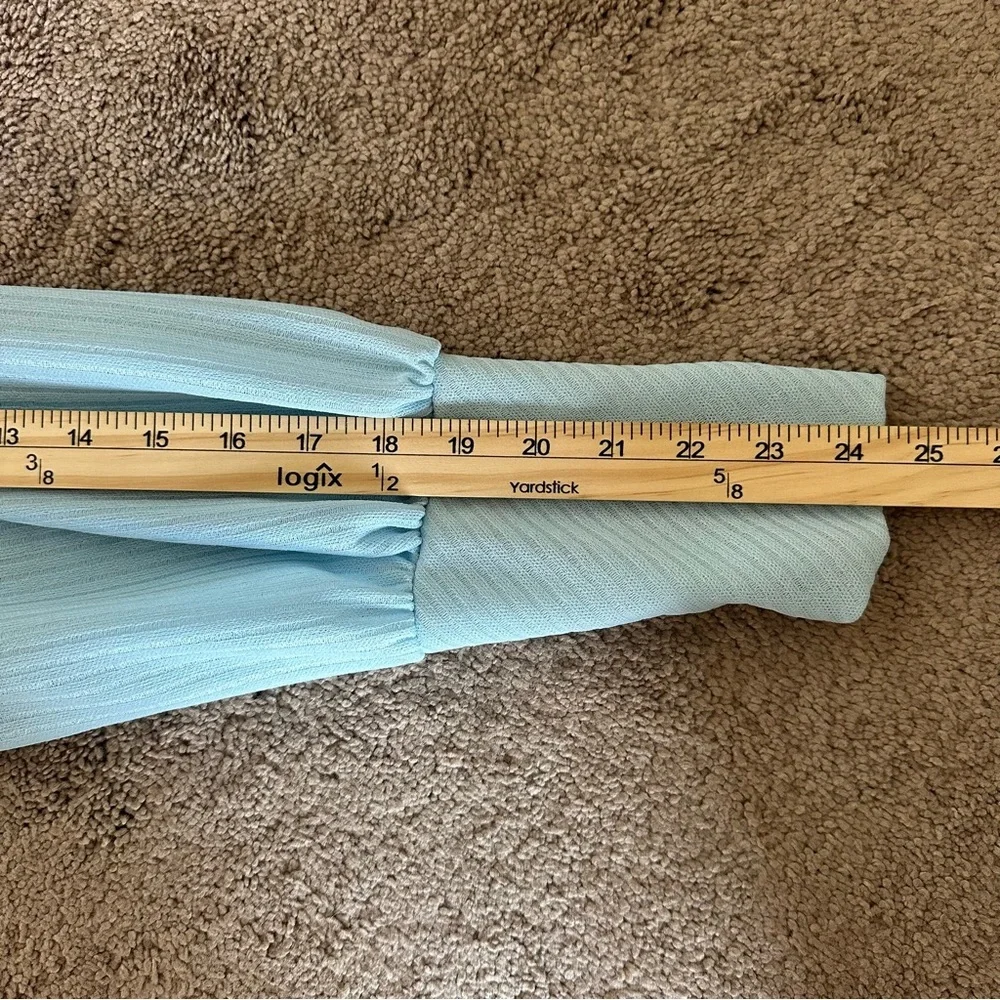 Vintage Blue Ribbed Mock Neck Puff Sleeve Top 70s 80s Retro Medium - Picture 10 of 11